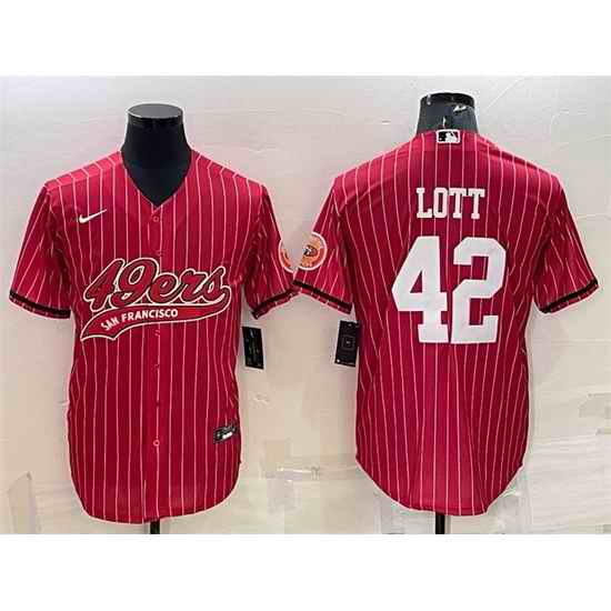 Men San Francisco 49ers #42 Ronnie Lott Red With Patch Cool Base Stitched Baseball Jersey