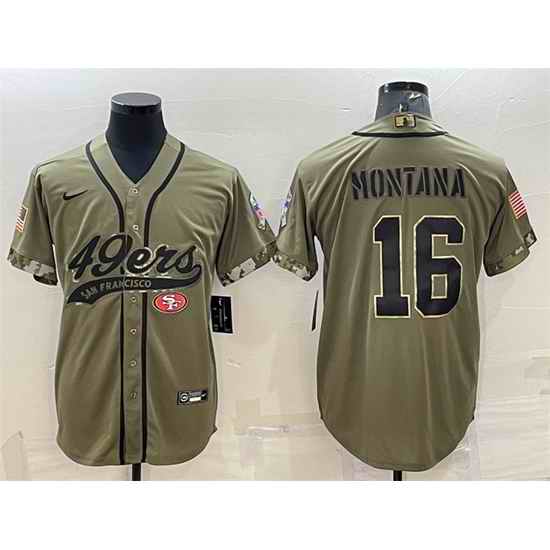 Men San Francisco 49ers #16 Joe Montana 2022 Olive Salute To Service Cool Base Stitched Baseball Jersey