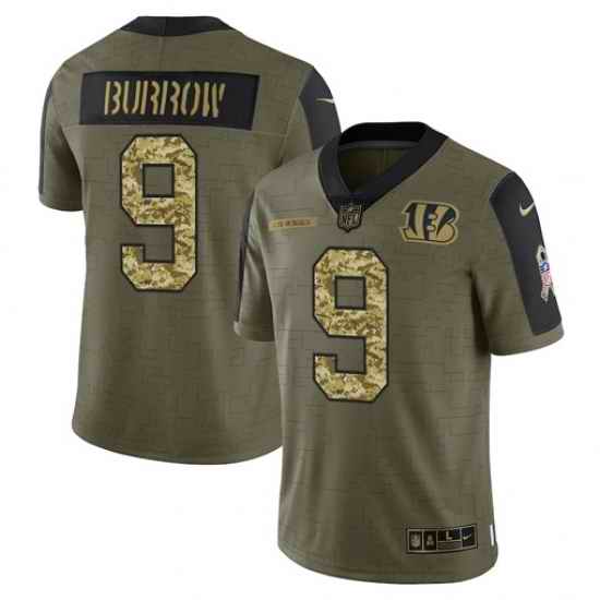 Men Cincinnati Bengals #9 Joe Burrow 2021 Salute To Service Olive Camo Limited Stitched Jersey