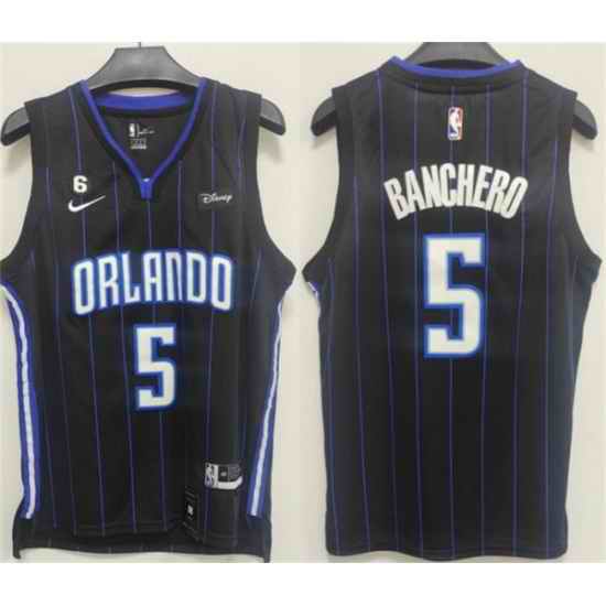 Men Orlando Magic #5 Paolo Banchero Black With No 6 Patch Icon Edition Stitched Swingman Jersey
