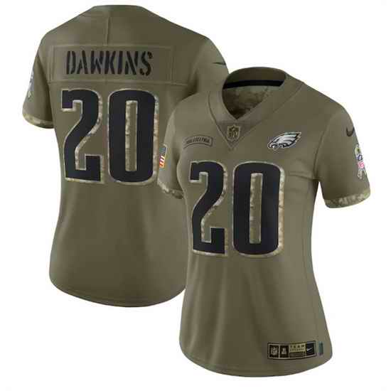 Women Philadelphia Eagles #20 Brian Dawkins Olive 2022 Salute To Service Limited Stitched Jersey