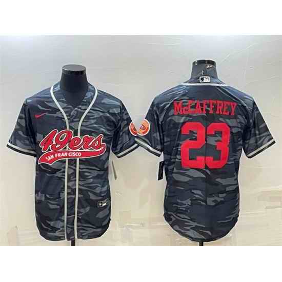 Men San Francisco 49ers #23 Christian McCaffrey Grey Red Camo With Patch Cool Base Stitched Baseball Jersey