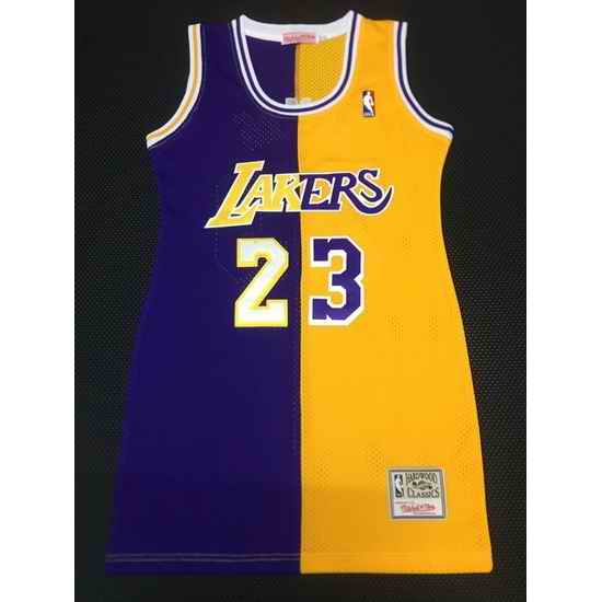 Women Los Angeles Lakers #23 Lebron James Dress Stitched Jersey Yellow Purple Split-0