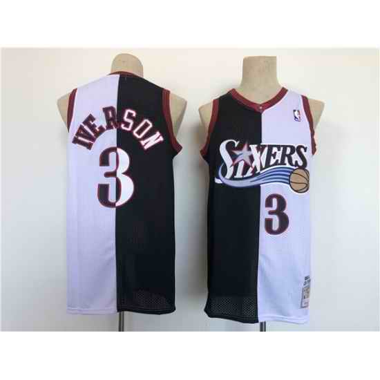 Men Philadelphia 76ers #3 Allen Iverson White Black Splite Throwback Basketball Jersey