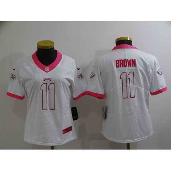 Women Philadelphia Eagles #11 A  J  Brown Pink White Stitched Football Jersey 28Run Small 2