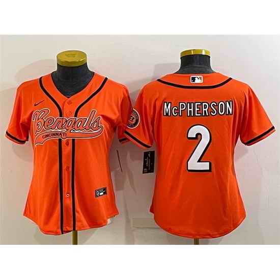 Women Cincinnati Bengals #2 Evan McPherson Orange With Patch Cool Base Stitched Baseball Jersey