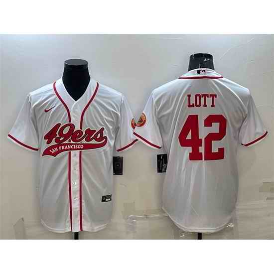 Men San Francisco 49ers #42 Ronnie Lott White With Patch Cool Base Stitched Baseball Jersey