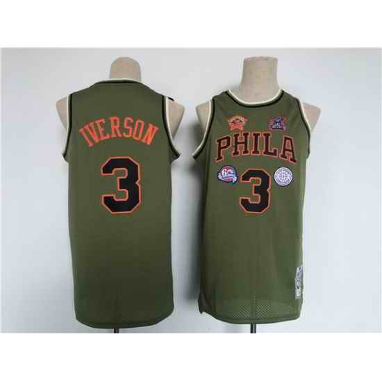 Men Philadelphia 76ers #3 Allen Iverson Olive Throwback Basketball Jersey