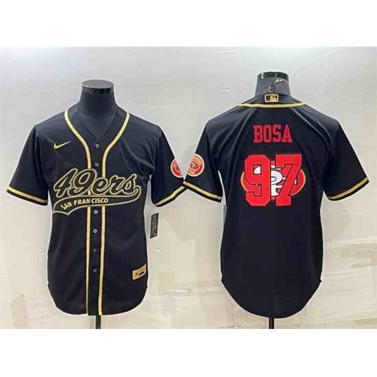 Men San Francisco 49ers #97 Nick Bosa Black Gold Team Big Logo With Patch Cool Base Stitched Baseball Jersey