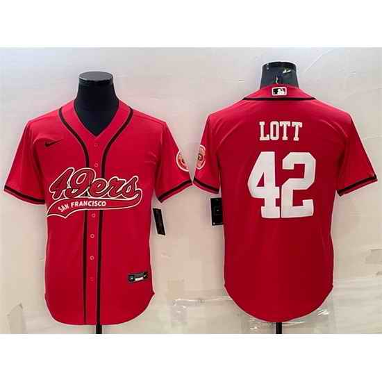 Men San Francisco 49ers #42 Ronnie Lott Red With Patch Cool Base Stitched Baseball JerseyS