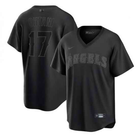 Men Los Angeles Angels #17 Shohei Ohtani Black Pitch Black Fashion Replica Stitched Jersey