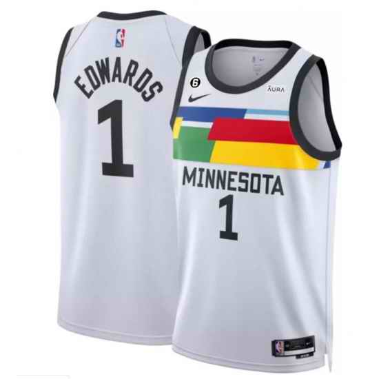 Men Minnesota Timberwolves #1 Anthony Edwards White 2022 23 City Edition With NO 6 Patch Stitched Jersey