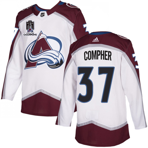 Adidas Colorado Avalanche #37 J.T. Compher White 2022 Stanley Cup Champions Road Authentic Stitched NHL Jersey Men’s