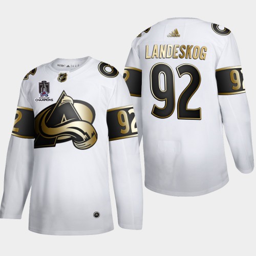 Colorado Colorado Avalanche #92 Gabriel Landeskog Men’s 2022 Stanley Cup Champions Adidas White Golden Edition Limited Stitched NHL Jersey Men’s-0