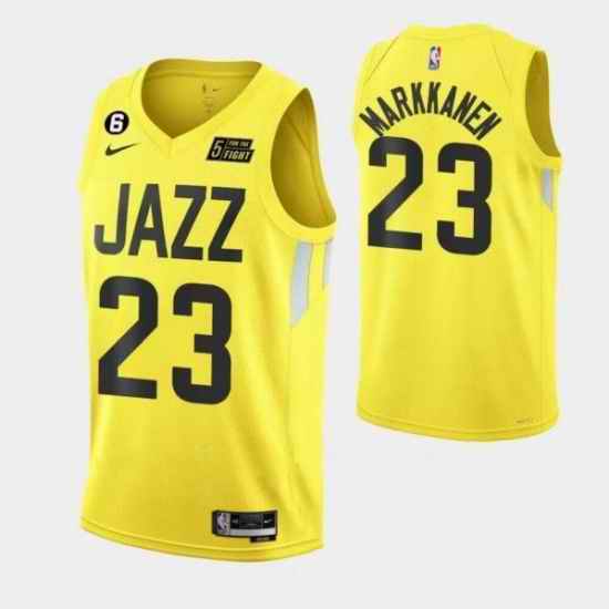 Men Utah Jazz 23 Lauri Elias Markkanen With No #6 Patch Yellow 2022 23 Association Edition Stitched Basketball Jersey-0