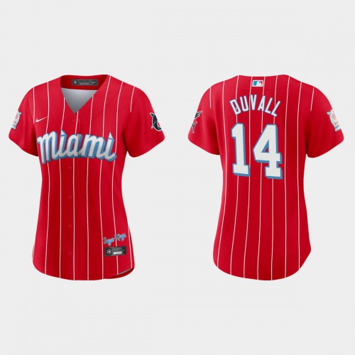 Miami Miami Marlins #14 Adam Duvall Women’s Nike 2021 City Connect Authentic MLB Jersey Red Womens-0
