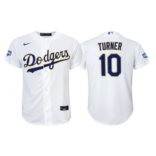 Los Angeles Los Angeles Dodgers #10 Justin Turner Youth Nike 2021 Gold Program World Series Champions MLB Jersey Whtie Youth