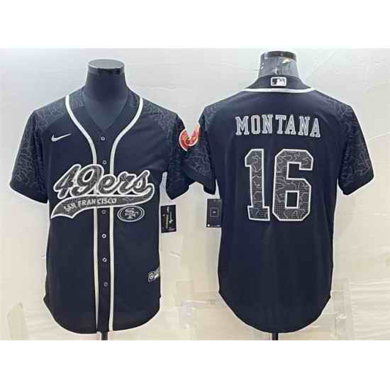 Men San Francisco 49ers #16 Joe Montana Black Reflective With Patch Cool Base Stitched Baseball Jersey