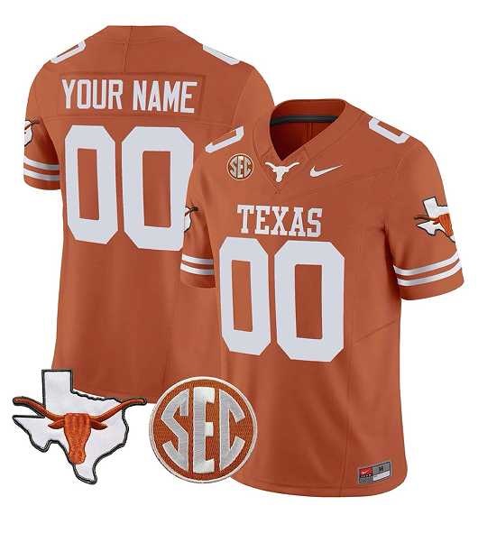 Men's Texas Longhorns Active Player Custom Orange F.U.S.E. State Map & SEC Patch Stitched Jersey-0