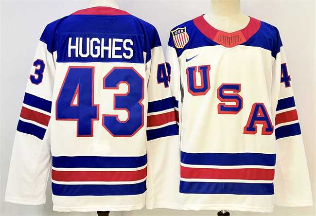 Men%27s USA #43 Quinn Hughes White 2025-2026 Stitched Jersey