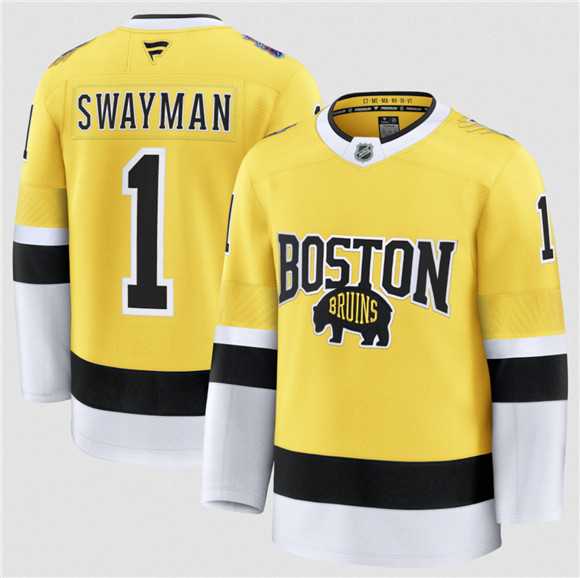 Men%27s Boston Bruins #1 Jeremy Swayman Gold 2026 Stadium Series Stitched Jersey Dzhi