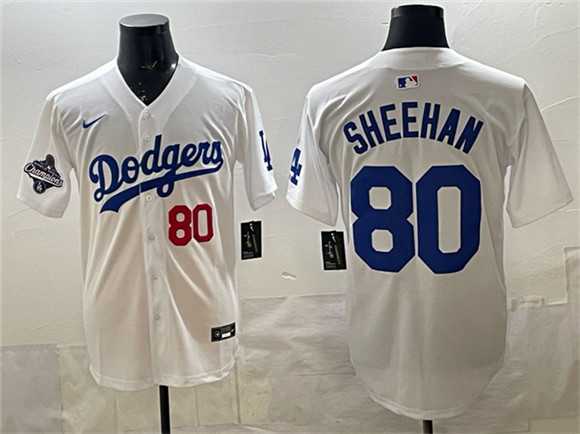 Men%27s Los Angeles Dodgers #80 Emmet Sheehan White 2025 World Series Champions Patch Limited Stitched Jersey Dzhi