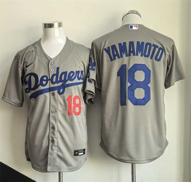 Men%27s Los Angeles Dodgers #18 Yoshinobu Yamamoto Gray Cool Base Stitched Jersey