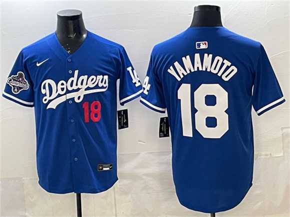 Men%27s Los Angeles Dodgers #18 Yoshinobu Yamamoto Royal 2025 World Series Champions Patch Limited Stitched Jersey1