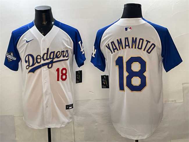 Men%27s Los Angeles Dodgers #18 Yoshinobu Yamamoto White Royal 2025 World Series Patch Limited Stitched Jersey