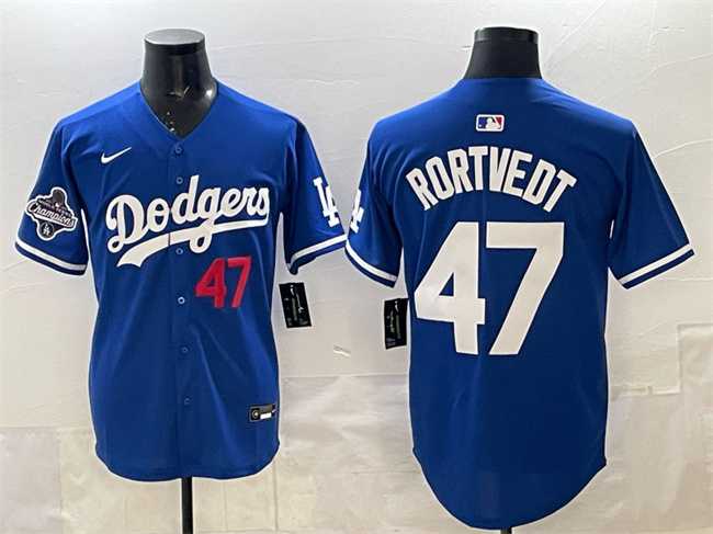 Men%27s Los Angeles Dodgers #47 Ben Rortvedt Royal 2025 World Series Champions Patch Limited Stitched Jersey