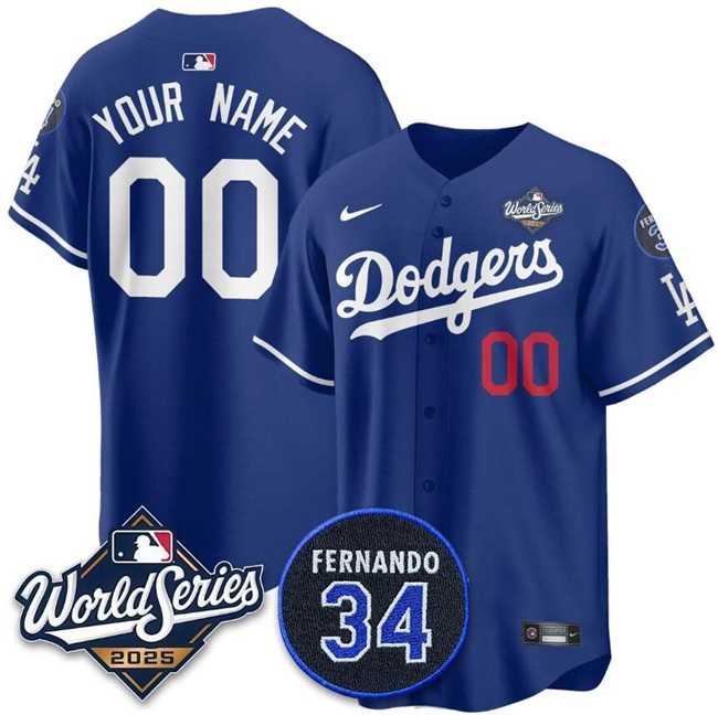 Men%27s Los Angeles Dodgers Active Player Custom Royal 2025 World Series With No.34 Patch Limited Stitched Baseball Jersey