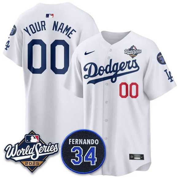 Men%27s Los Angeles Dodgers ACTIVE PLAYER Custom White 2025 World Series With No. 34 Patch Limited Stitched Jersey