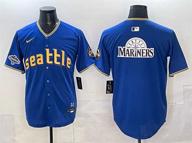 Men%27s Seattle Mariners Team Big Logo Royal With 2025 AL West Division Champions Patch City Connect Limited Stitched Jersey
