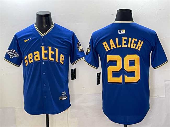 Men%27s Seattle Mariners #29 Cal Raleigh Royal With 2025 AL West Division Champions Patch City Connect Limited Stitched Jersey