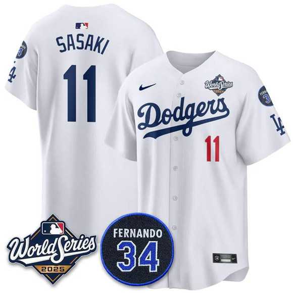 Men%27s Los Angeles Dodgers #11 Roki Sasaki White 2025 World Series With No. 34 Patch Limited Stitched Jersey