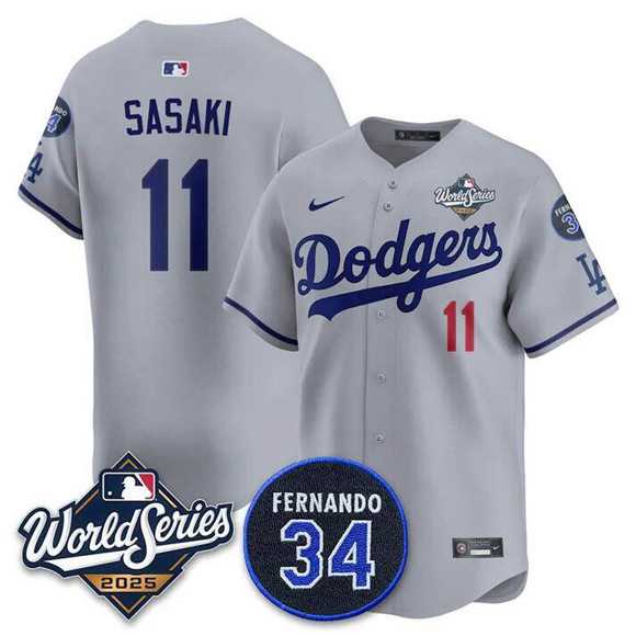 Men%27s Los Angeles Dodgers #11 Roki Sasaki Gray 2025 World Series With No. 34 Patch Limited Stitched Jersey