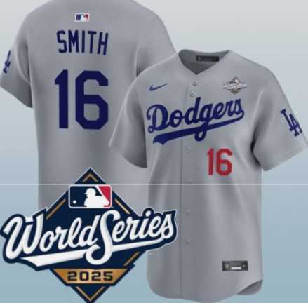 Men%27s Los Angeles Dodgers #16 Will Smith Gray 2025 World Series Limited Stitched Jersey