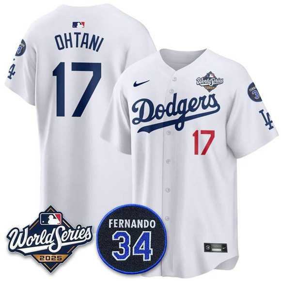 Men%27s Los Angeles Dodgers #17 Shohei Ohtani White 2025 World Series With No. 34 Patch Limited Stitched Jersey