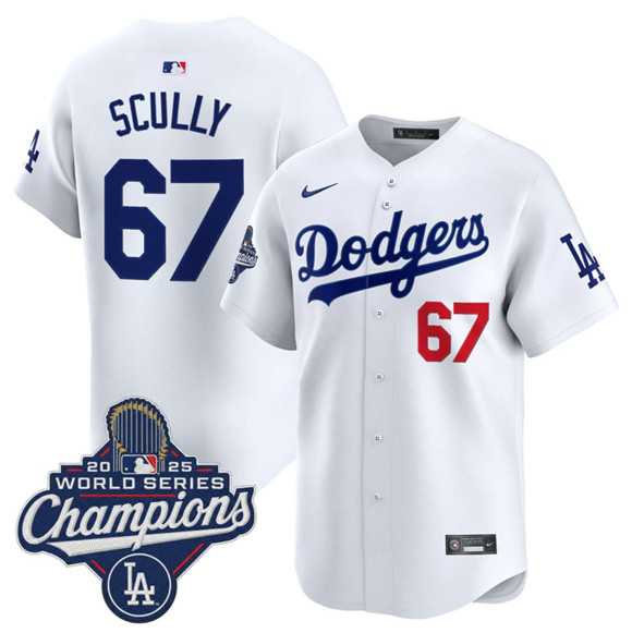 Men%27s Los Angeles Dodgers #67 Vin Scully White 2025 Champions Stitched Jersey