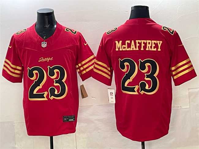 Men's San Francisco 49ers #23 Christian McCaffrey Red Gold 2025 F.U.S.E. 'Rivalries' Vapor Limited Stitched Jersey Dzhi-0