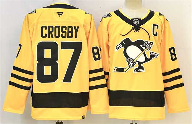 Men%27s Pittsburgh Penguins #87 Sidney Crosby Gold 2025-26 With C Patch Alternate Stitched Hockey Jersey