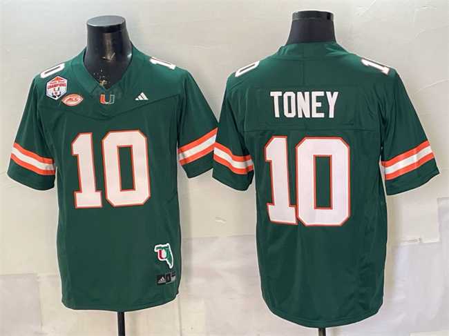 Men's Miami Hurricanes #10 Malachi Toney Green F.U.S.E. Fiesta Bowl Champions & Florida Patch Stitched Football Jersey-0