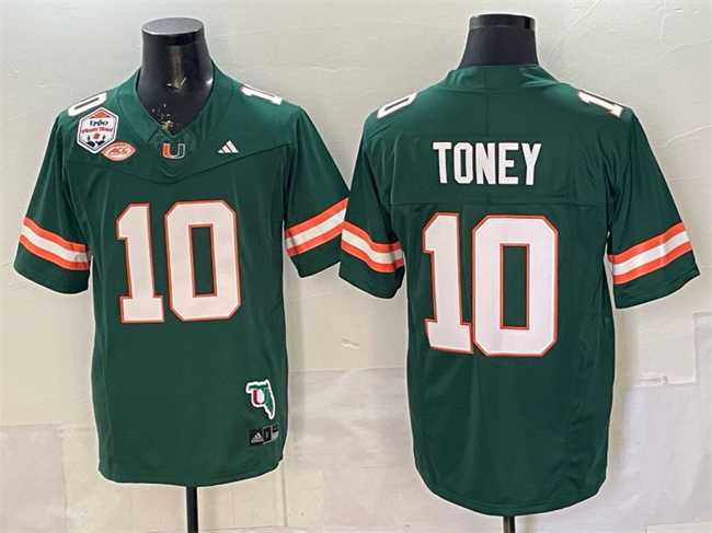 Men's Miami Hurricanes #10 Malachi Toney Green F.U.S.E. The Fiesta Bowl Champions & Florida Patch Stitched Football Jersey-0