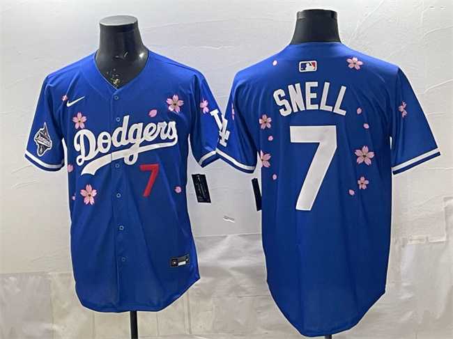 Men%27s Los Angeles Dodgers #7 Blake Snell Royal 2025 World Series Champions Patch Tokyo Series Limited Stitched Jersey Dzhi