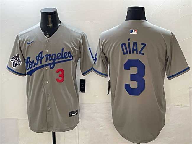 Men%27s Los Angeles Dodgers #3 Edwin Diaz Grey With 2025 World Series Champions Patch Limited Stitched Jersey Dzhi