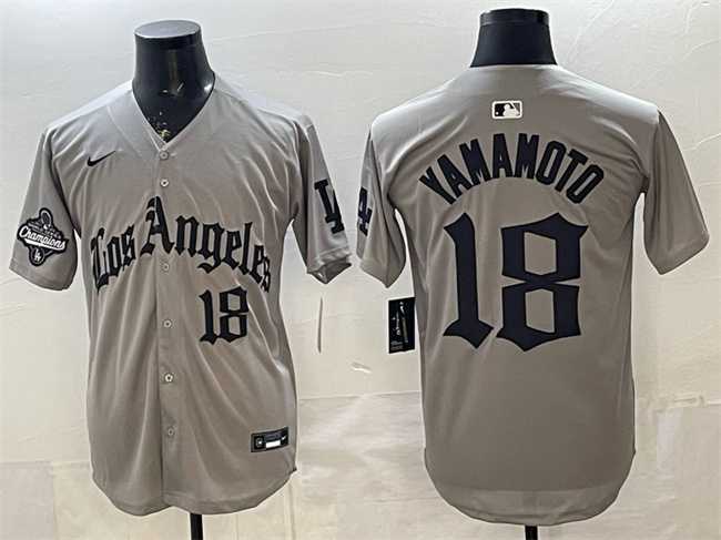 Men%27s Los Angeles Dodgers #18 Yoshinobu Yamamoto Grey LA Gothic Style With 2025 World Series Champions Patch Limited Stitched Jersey Dzhi