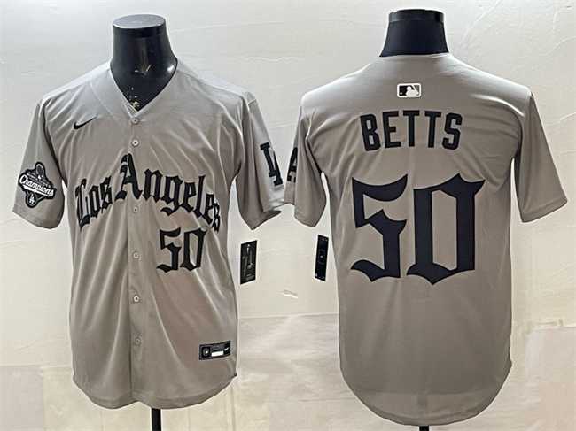 Men%27s Los Angeles Dodgers #50 Mookie Betts Grey LA Gothic Style With 2025 World Series Champions Patch Limited Stitched Jersey Dzhi