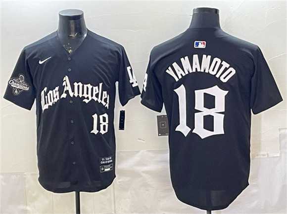 Men%27s Los Angeles Dodgers #18 Yoshinobu Yamamoto Black LA Gothic Style With 2025 World Series Champions Patch Limited Stitched Jersey Dzhi