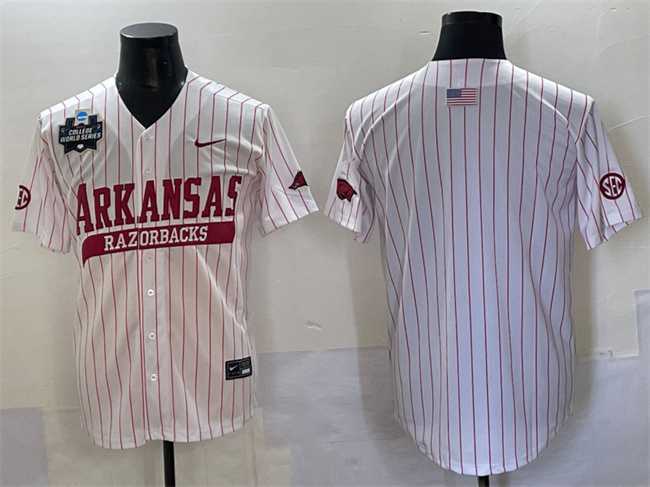 Men's Arkansas Razorbacks Blank White Pinstripe 2025 World Series & SEC Patch Stitched Jersey-0