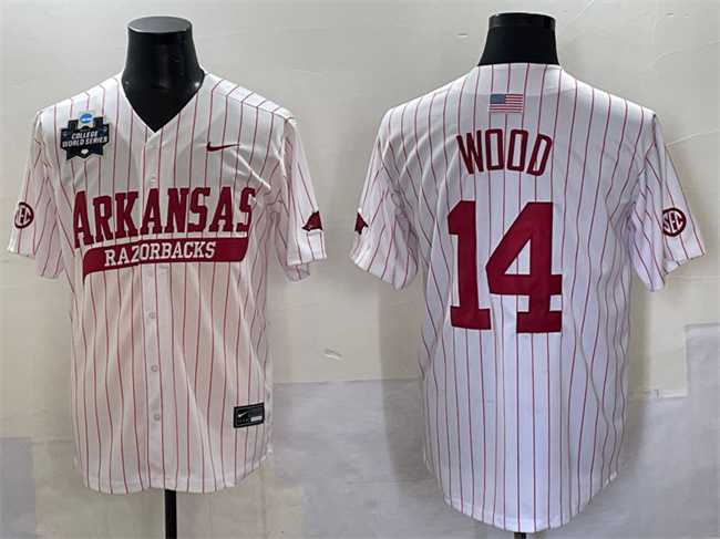 Men%27s Arkansas Razorbacks #14 Gage Wood White Pinstripe 2025 World Series & SEC Patch Stitched Jersey